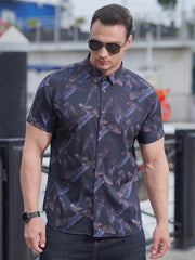 men's stretch leaf flower short-sleeved shirt - 808Lush