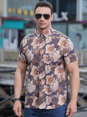 men's stretch leaf flower short-sleeved shirt - 808Lush