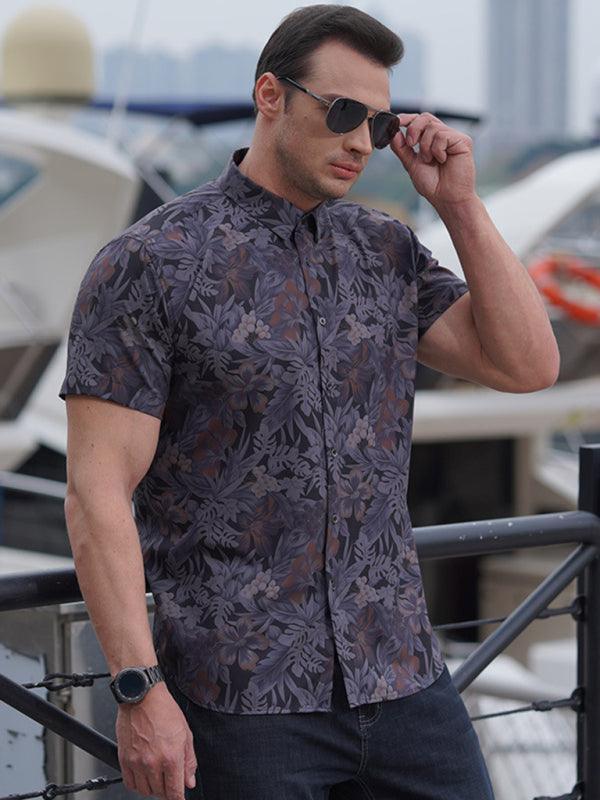 men's stretch leaf flower short-sleeved shirt - 808Lush