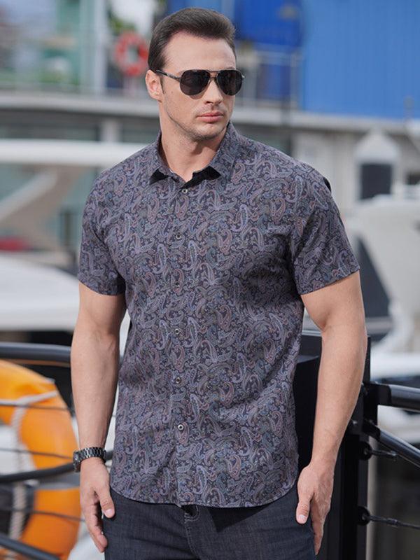 men's stretch leaf flower short-sleeved shirt - 808Lush