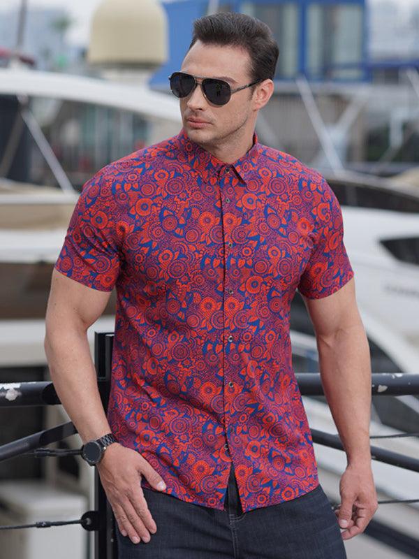 men's stretch leaf flower short-sleeved shirt - 808Lush