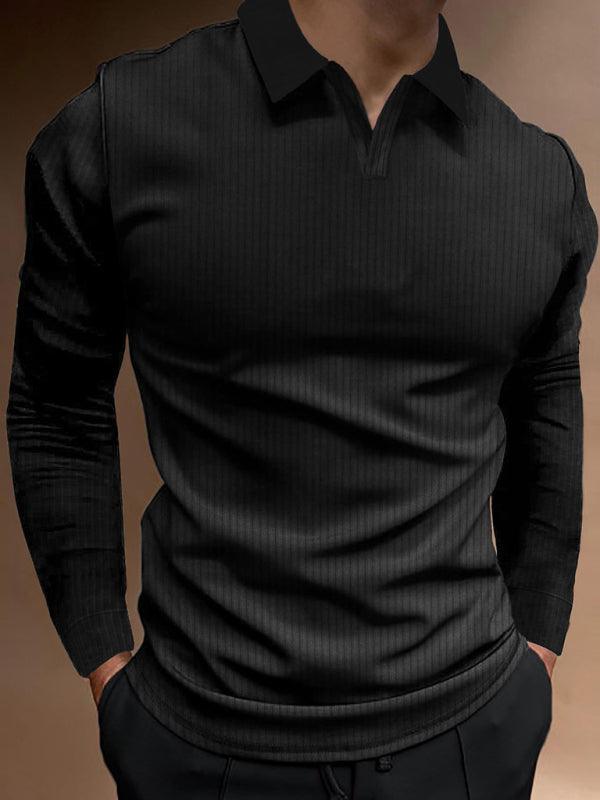 Casual stand-up collar stretch vertical strip long-sleeve V-neck POLO - 808Lush