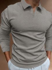 Casual stand-up collar stretch vertical strip long-sleeve V-neck POLO - 808Lush