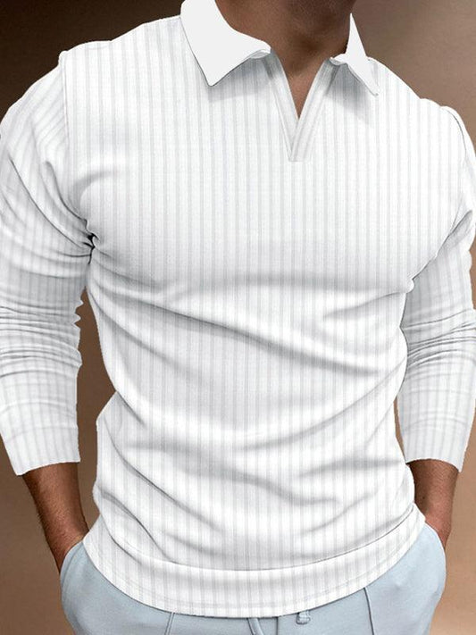 Casual stand-up collar stretch vertical strip long-sleeve V-neck POLO - 808Lush