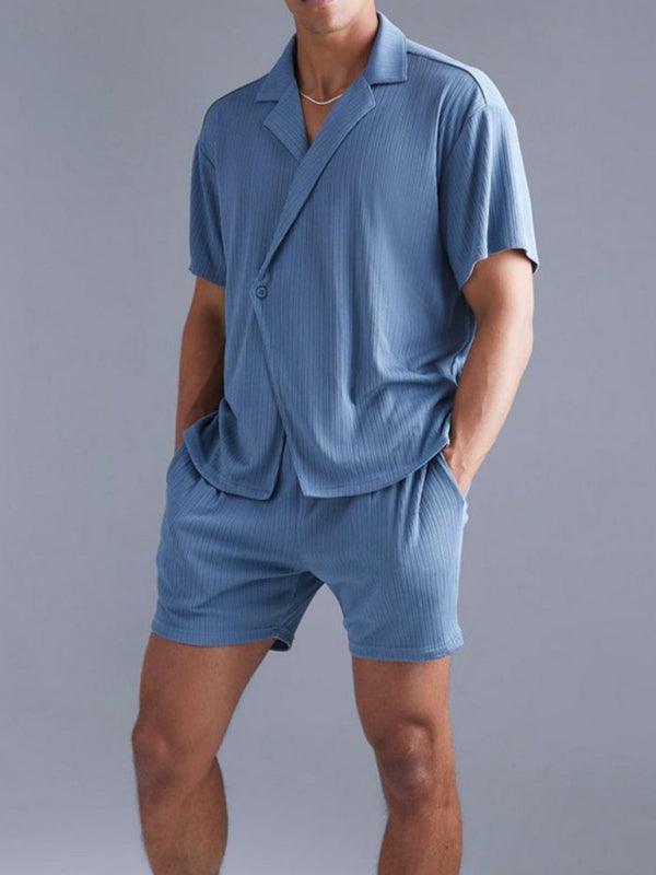 dark blue short-sleeved shirt and shorts two-piece set - 808Lush