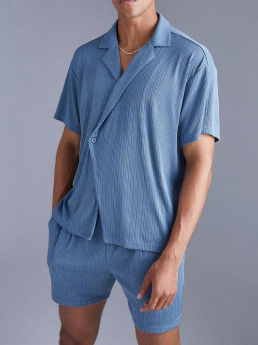 dark blue short-sleeved shirt and shorts two-piece set - 808Lush