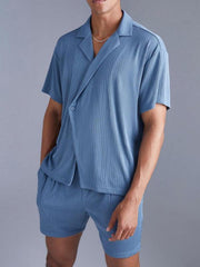 dark blue short-sleeved shirt and shorts two-piece set - 808Lush