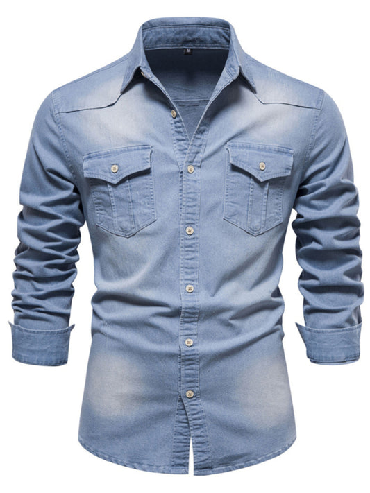 Chemise décontractée à manches longues en denim sans repassage pour hommes 