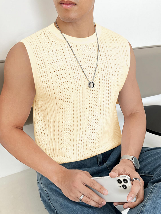 Men's sweater sleeveless top hollow breathable round neck casual vest