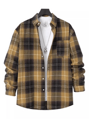 Men's brushed thin plaid long-sleeved casual shirt