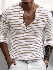 Long Sleeve Henley Shirt Casual Horizontal Striped Henley T-Shirt