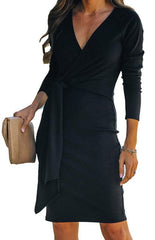 Ladies Fashion V-Neck Ribbed Belt Dress - 808Lush