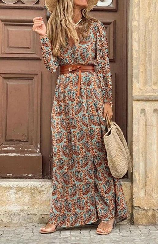 Women's V-neck long-sleeved printed long dress (with belt) - 808Lush