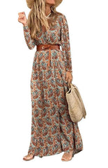 Women's V-neck long-sleeved printed long dress (with belt) - 808Lush