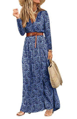 Women's V-neck long-sleeved printed long dress (with belt) - 808Lush