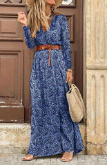 Women's V-neck long-sleeved printed long dress (with belt) - 808Lush