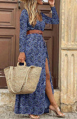 Women's V-neck long-sleeved printed long dress (with belt) - 808Lush