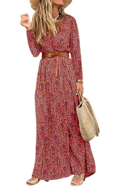 Women's V-neck long-sleeved printed long dress (with belt) - 808Lush