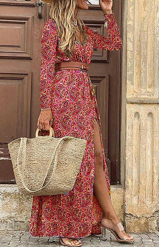 Women's V-neck long-sleeved printed long dress (with belt) - 808Lush