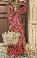 Women's V-neck long-sleeved printed long dress (with belt) - 808Lush