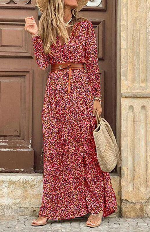 Women's V-neck long-sleeved printed long dress (with belt) - 808Lush