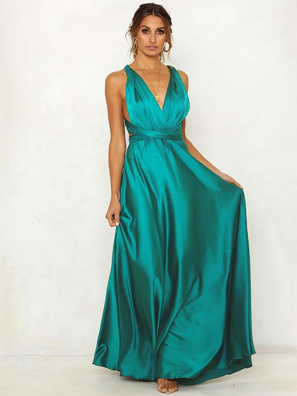 Women's Deep V Open Back Solid Color Dress - 808Lush