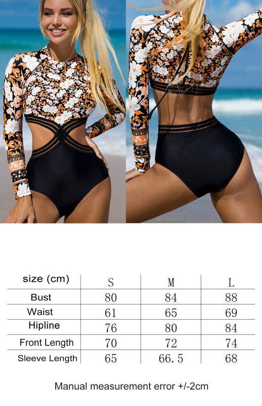 Women's Long Sleeve Printed Cutout One Piece Swimsuit - 808Lush