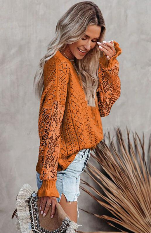 Women's Long Sleeve Cutout Petal Sleeve Sweater - 808Lush