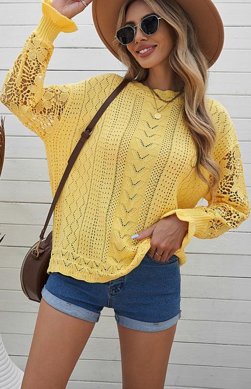 Women's Long Sleeve Cutout Petal Sleeve Sweater - 808Lush