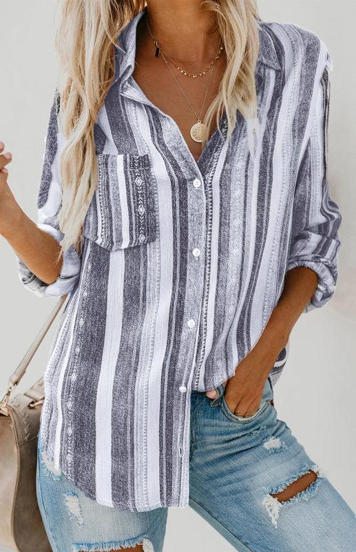 Linen Turn-down Collar Sweet Enough Striped Button Up Top - 808Lush