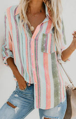 Linen Turn-down Collar Sweet Enough Striped Button Up Top - 808Lush