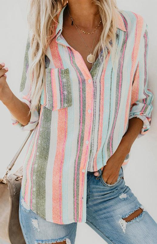 Linen Turn-down Collar Sweet Enough Striped Button Up Top - 808Lush