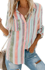 Linen Turn-down Collar Sweet Enough Striped Button Up Top - 808Lush