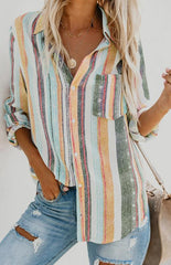 Linen Turn-down Collar Sweet Enough Striped Button Up Top - 808Lush