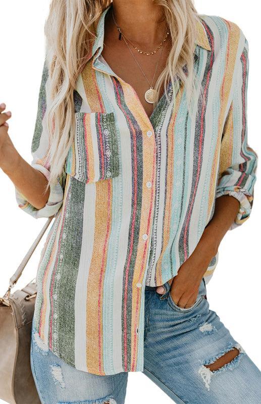 Linen Turn-down Collar Sweet Enough Striped Button Up Top - 808Lush