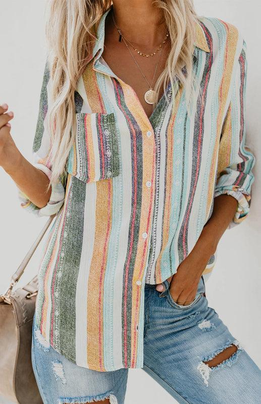 Linen Turn-down Collar Sweet Enough Striped Button Up Top - 808Lush