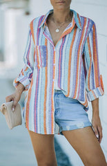 Linen Turn-down Collar Sweet Enough Striped Button Up Top - 808Lush