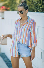 Linen Turn-down Collar Sweet Enough Striped Button Up Top - 808Lush