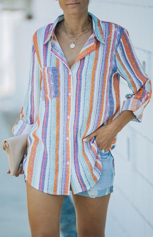 Linen Turn-down Collar Sweet Enough Striped Button Up Top - 808Lush