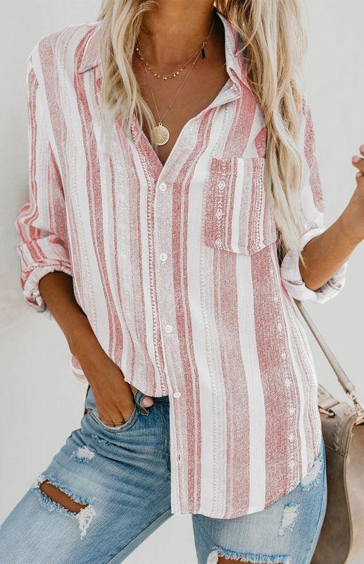 Linen Turn-down Collar Sweet Enough Striped Button Up Top - 808Lush