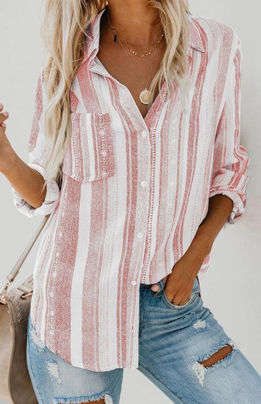 Linen Turn-down Collar Sweet Enough Striped Button Up Top - 808Lush