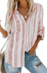 Linen Turn-down Collar Sweet Enough Striped Button Up Top - 808Lush