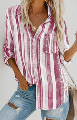 Linen Turn-down Collar Sweet Enough Striped Button Up Top - 808Lush