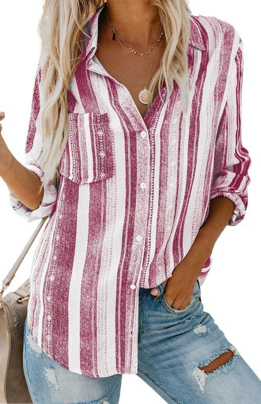 Linen Turn-down Collar Sweet Enough Striped Button Up Top - 808Lush