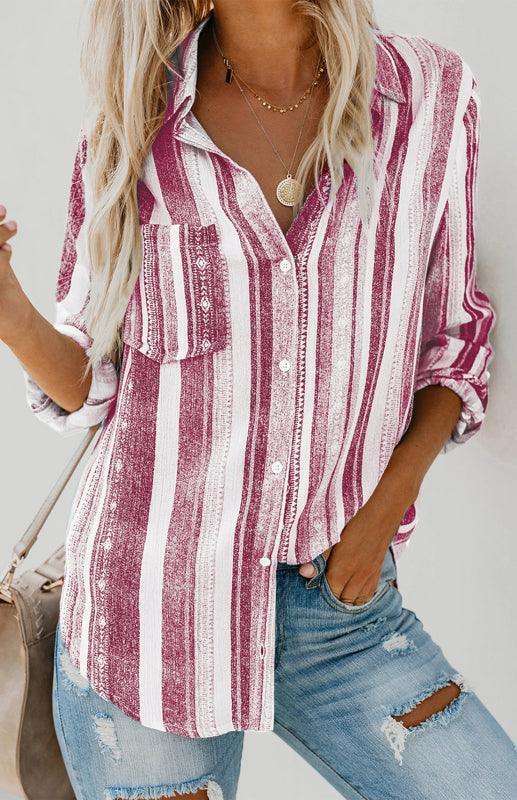 Linen Turn-down Collar Sweet Enough Striped Button Up Top - 808Lush