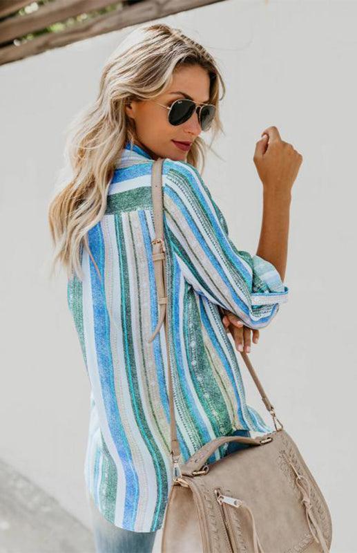 Linen Turn-down Collar Sweet Enough Striped Button Up Top - 808Lush