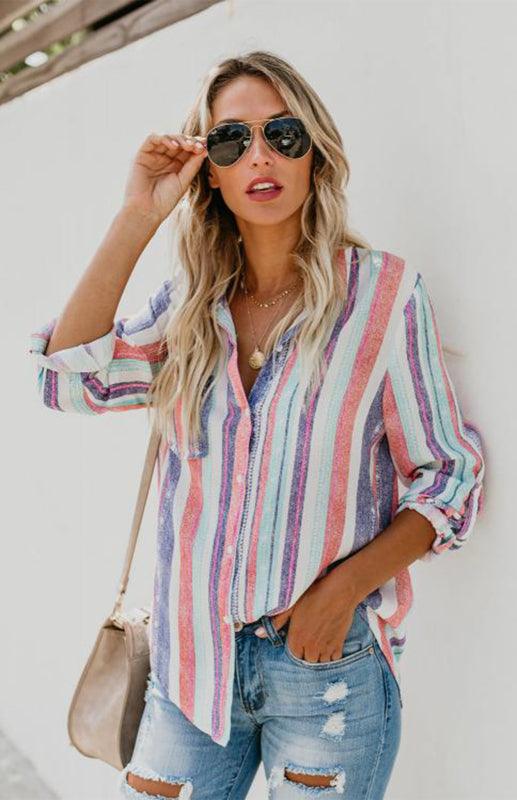 Linen Turn-down Collar Sweet Enough Striped Button Up Top - 808Lush