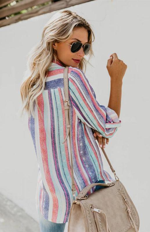 Linen Turn-down Collar Sweet Enough Striped Button Up Top - 808Lush