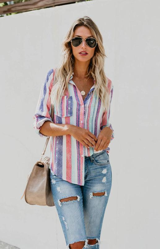 Linen Turn-down Collar Sweet Enough Striped Button Up Top - 808Lush