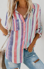 Linen Turn-down Collar Sweet Enough Striped Button Up Top - 808Lush